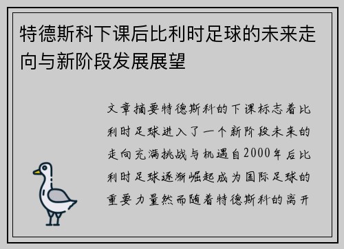 特德斯科下课后比利时足球的未来走向与新阶段发展展望
