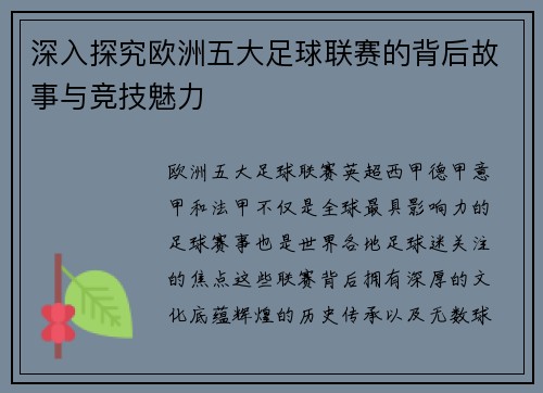 深入探究欧洲五大足球联赛的背后故事与竞技魅力