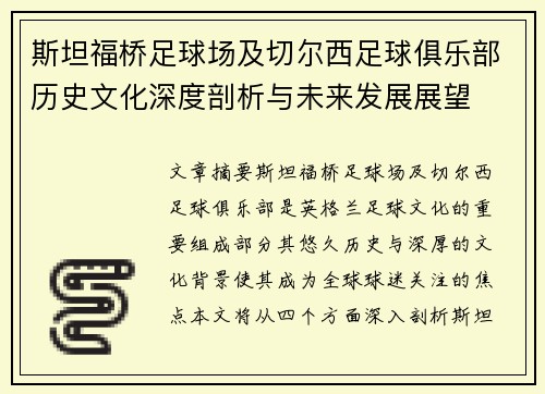 斯坦福桥足球场及切尔西足球俱乐部历史文化深度剖析与未来发展展望
