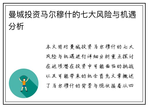 曼城投资马尔穆什的七大风险与机遇分析