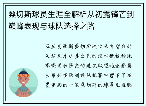 桑切斯球员生涯全解析从初露锋芒到巅峰表现与球队选择之路