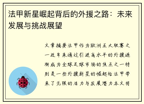 法甲新星崛起背后的外援之路：未来发展与挑战展望