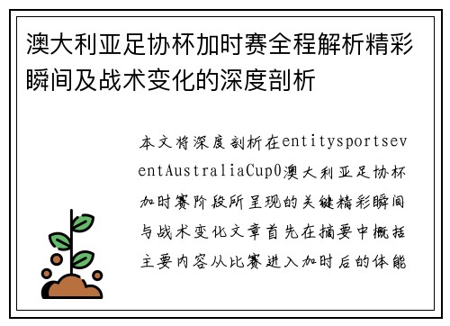 澳大利亚足协杯加时赛全程解析精彩瞬间及战术变化的深度剖析